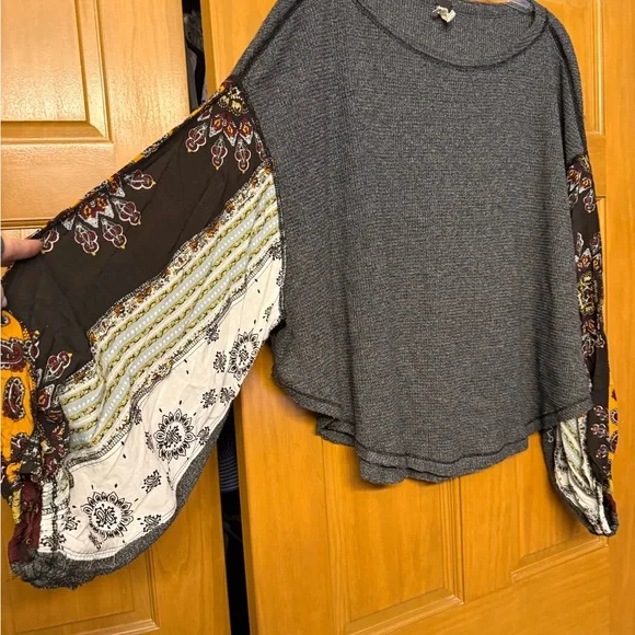 We The Free Charcoal Top with Multicolor Patterned Sleeves - Picture 2 of 5